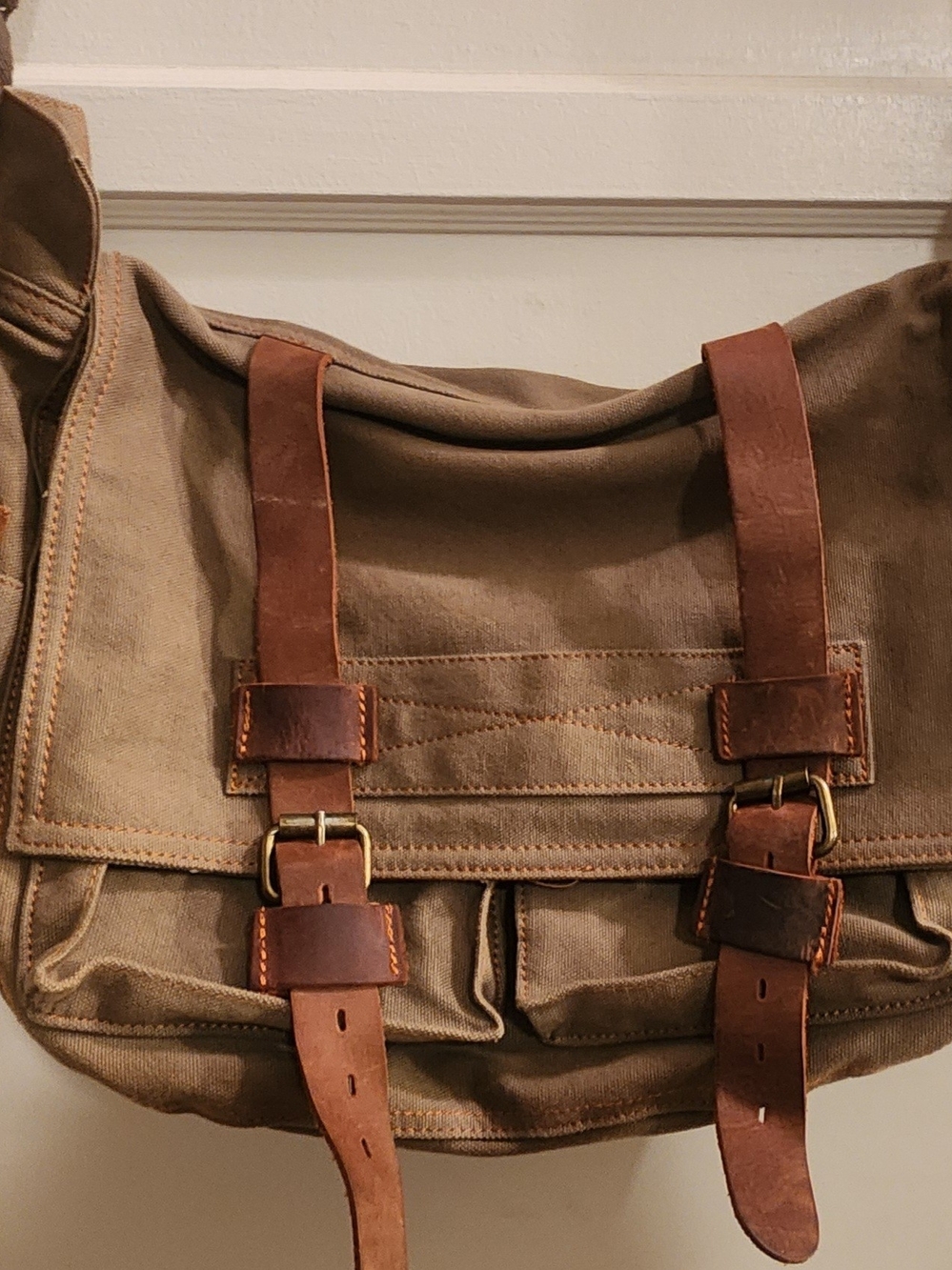 Canvas Messenger Bag with Brown Leather Straps